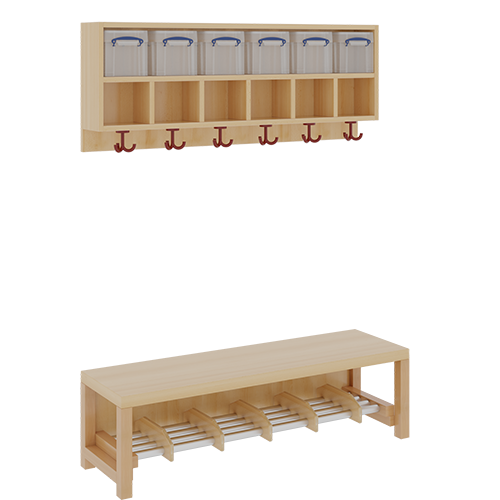 Komplettgarderobe mit doppelter Ablagereihe inklusive Boxen B/T: 120x35 cm, 6 Plätze, Sitzhöhe 26 cm, 2teilig ohne Stütze, Ablage zur Wandmontage, Alurohr-Schuhrost mit Trennungen