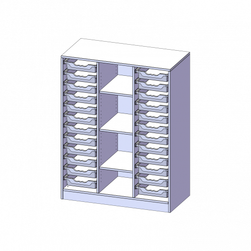 ErgoTray Regal, dreireihig, 3,5 Ordnerhöhen - evo180 Serie B/H/T: 104,5x136x50 cm, mit Sockel (81 mm), rechts und links je 12 flache ErgoTray Boxen, 4 Fächer in der Mitte