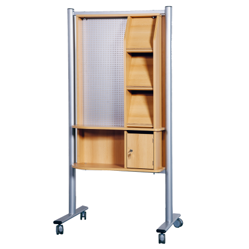 Infocenter B/H/T: 95x190x60 cm, mit 3 Schrägablagen, Lochblechrückwand, offenem Fach und abschließbarem Postfach, fahrbar, aus feuerhemmendem Material