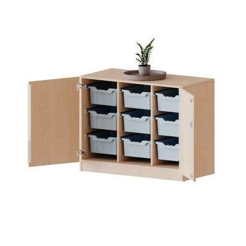 ErgoTray Schrank, dreireihig, 2 Ordnerhöhen - evo180 Serie Breite 104,5 cm, Gesamthöhe 82 cm, zweitürig, mit Sockel, mit 9 hohen ErgoTray Boxen