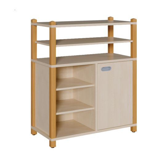 Stollen-Schrank mit einseitiger Tür und 3 offenen Fächern, offener Regalaufsatz H/T: 120x40 cm, Tür und offene Fächer, links oder rechts, in 2 Schrankbreiten, großer Regalaufsatz