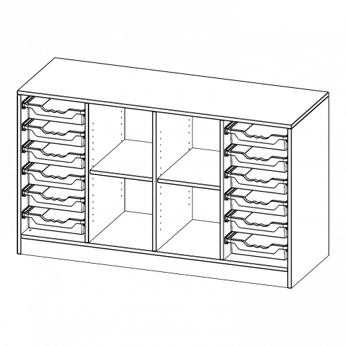 ErgoTray Regal, vierreihig, 2 Ordnerhöhen - evo180 Serie B/H/T: 138,7x82x50 cm, mit Sockel (81 mm), rechts und links je 6 flache ErgoTray Boxen, in der Mitte 4 offene Fächer
