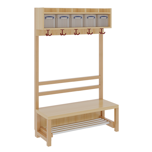 Komplettgarderobe mit einfacher Ablage inklusive Boxen B/H/T: 100x158x39 cm, 5 Plätze, Sitzhöhe: 42 cm, offene Stütze in Buche-massiv, mit Schuhrost aus Aluminiumrohren