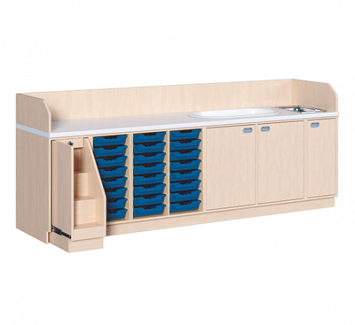 Wickelkommode, vierreihig zuzüglich Badewanne und Waschbecken B/H: 285x113 cm, Ausziehbarer Aufstieg, 24 Boxen und Badewanne, Waschbecken