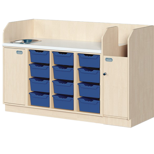 Wickelkommode, vierreihig zuzüglich Waschbecken B/H/T: 179x113x71,5 cm, Integrierter Aufgang rechts, 12 Boxen und Waschbecken links