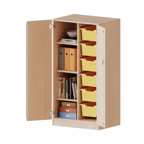 ErgoTray Schrank, zweireihig, 3,5 Ordnerhöhen - evo180 Serie B/H/T: 70,3x136x50 cm, zweitürig, mit Sockel (81 mm), mit 6 hohen ErgoTray Boxen