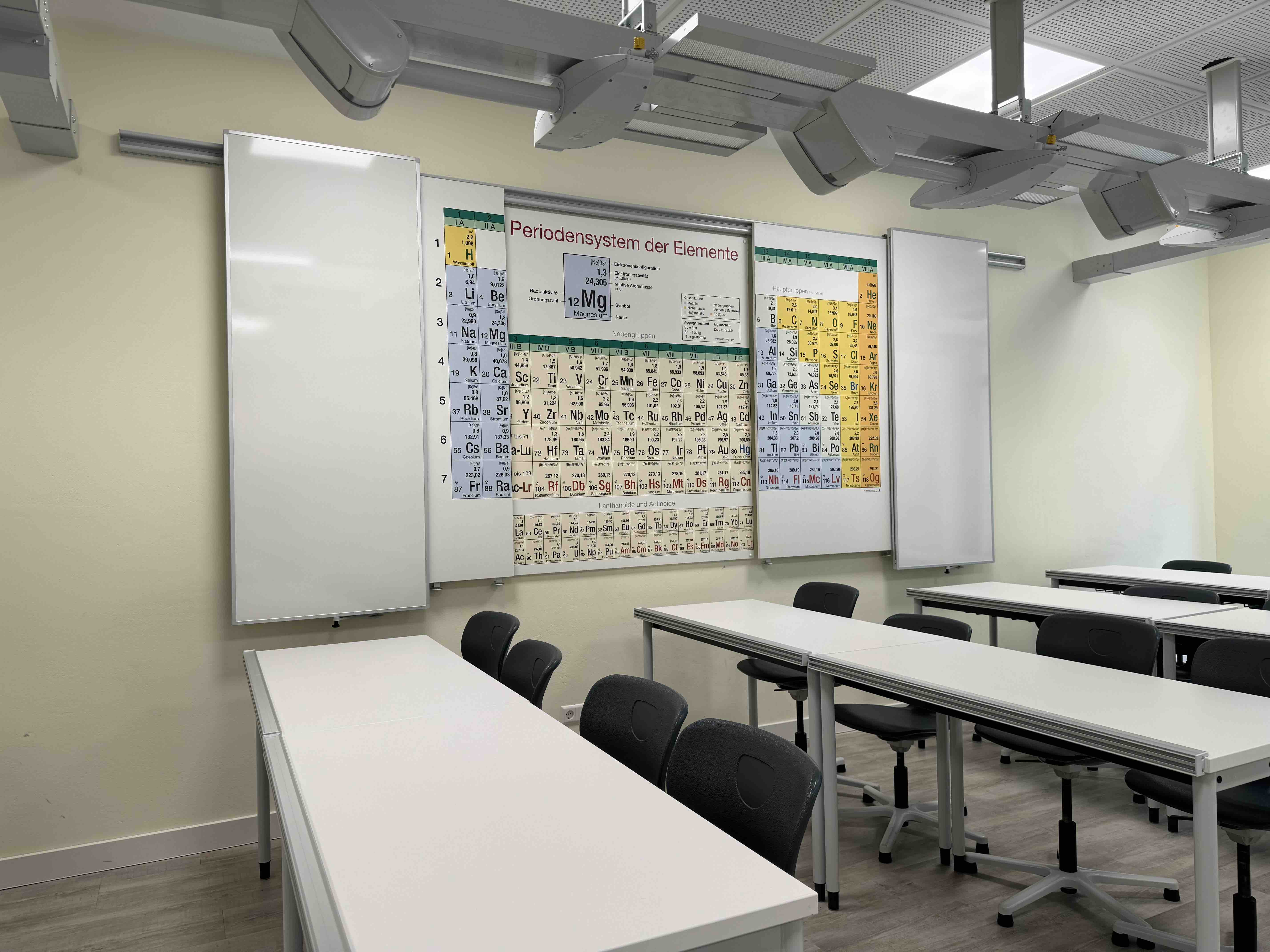 blume Periodensystem-Schwebeschienentafel im Unterrichtsraum mit zusätzlicher dritter Schienenebene und magnethaftenden Whiteboard-Tafelflächen