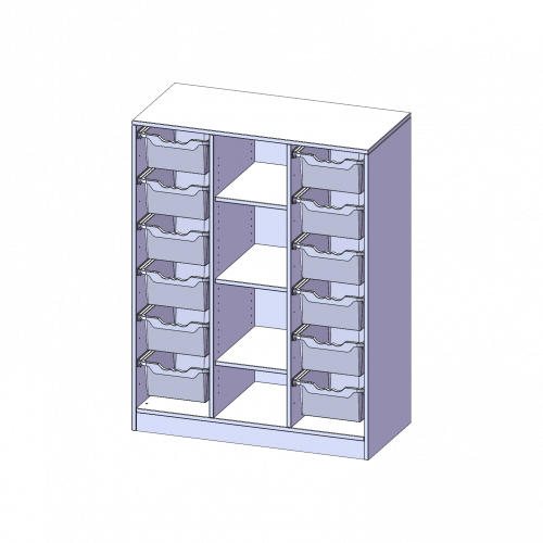 ErgoTray Regal, dreireihig, 3,5 Ordnerhöhen - evo180 Serie B/H/T: 104,5x136x50 cm, mit Sockel (81 mm), rechts und links je 6 hohe ErgoTray Boxen, 4 Fächer in der Mitte