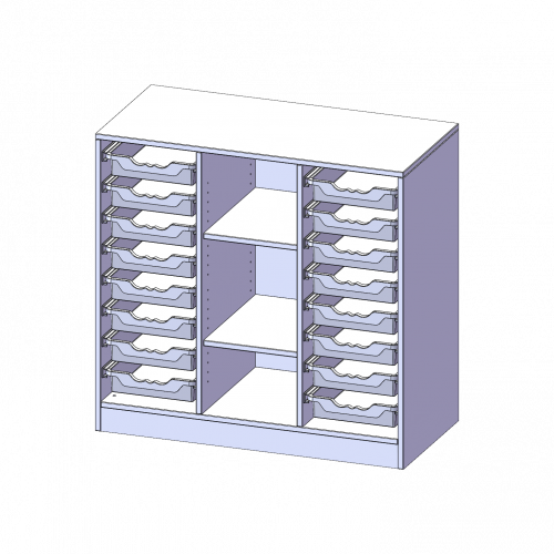 ErgoTray Regal, dreireihig, 2,5 Ordnerhöhen - evo180 Serie B/H/T: 104,5x100x50 cm, mit Sockel (81 mm), rechts und links je 8 flache ErgoTray Boxen, 3 Fächer in der Mitte