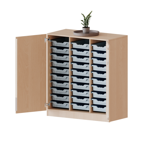 ErgoTray Schrank, dreireihig, 3 Ordnerhöhen - evo180 Serie Breite 104,5 cm, Gesamthöhe 118 cm, zweitürig, mit Sockel, mit 30 flachen ErgoTray Boxen