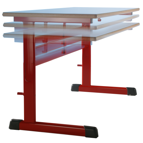 Zweier-Schülertisch Modell TH-Z-PU, höhenverstellbar, Tischplatte Melamin mit PU-Kante Zweier-Schülertisch 130 cm breit, 55 cm oder 65 cm tief, die einstellbaren Höhen nach DIN sind in 2 Gruppen wählbar