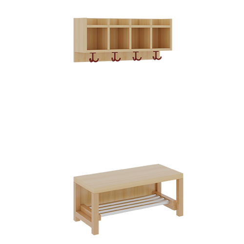 Komplettgarderobe mit einfacher Ablagereihe B/T: 80x35 cm, 4 Plätze, Sitzhöhe: 42 cm, 2teilig ohne Stütze, Ablage zur Wandmontage, mit Schuhrost aus Aluminiumrohren