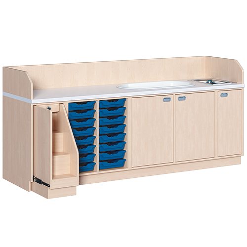 Wickelkommode, dreireihig zuzüglich Badewanne und Waschbecken B/H: 249x113 cm, Ausziehbarer Aufstieg, 16 Boxen und Badewanne, Waschbecken