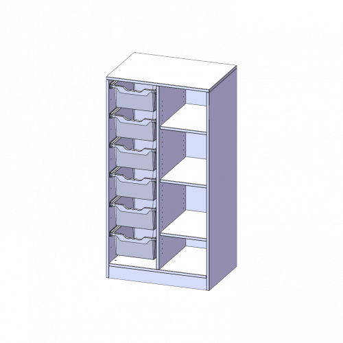 ErgoTray Regal, zweireihig, 3,5 Ordnerhöhen - evo180 Serie B/H/T: 70,3x136x50 cm, mit Sockel (81 mm), rechts 4 Fächer, links 6 hohe ErgoTray Boxen