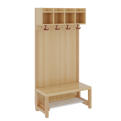 Komplettgarderobe mit einfacher Ablagereihe Stütze mit Paneelrückwand in Buche-hell, Aluminiumrost, wahlweise Facheinteilung, T: 39 cm