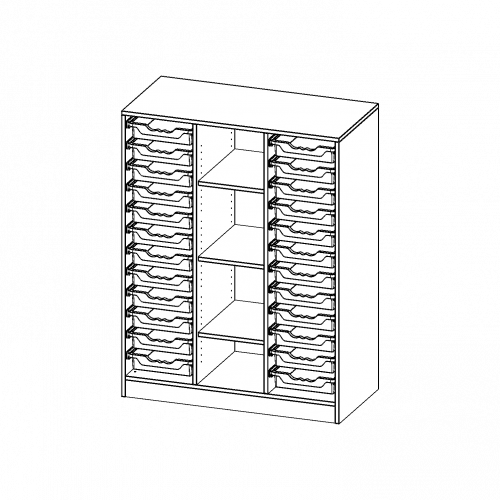ErgoTray Regal, dreireihig, 3,5 Ordnerhöhen - evo180 Serie B/H/T: 104,5x136x50 cm, mit Sockel (81 mm), rechts und links je 12 flache ErgoTray Boxen, 4 Fächer in der Mitte