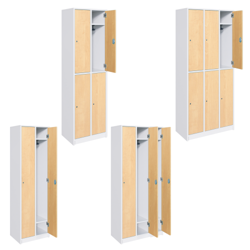 Spindschränke mit Hutboden und Garderobenhaken Spindschränke zwei- oder dreireihig, mit geteilten oder durchgehenden Türen Spindschränke mit Hutboden und Garderobenhaken Spindschränke zwei- oder dreireihig, mit geteilten oder durchgehenden Türen