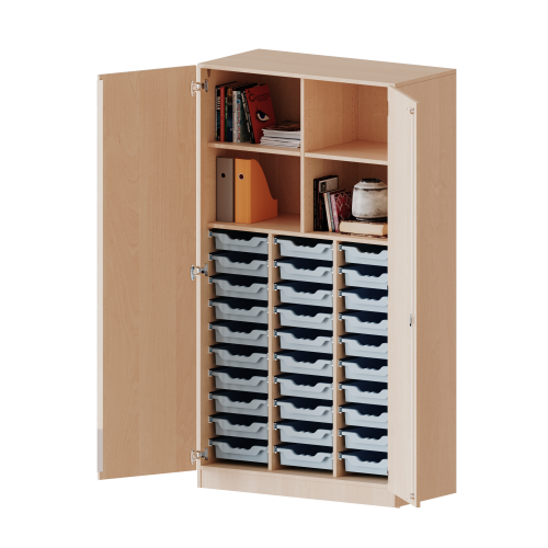 ErgoTray Schrank, dreireihig, 5 Ordnerhöhen - evo180 Serie B/H/T: 104,5x190x50 cm, zweitürig, mit Sockel (81 mm), mit Mittelwand, mit 30 flachen ErgoTray Boxen