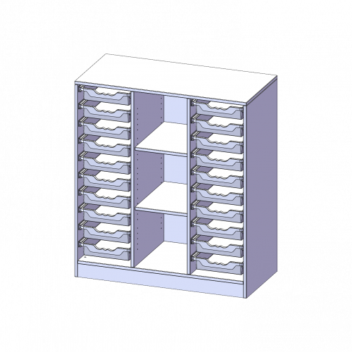 ErgoTray Regal, dreireihig, 3 Ordnerhöhen - evo180 Serie B/H/T: 104,5x118x50 cm, mit Sockel (81 mm), rechts und links je 10 flache ErgoTray Boxen, 3 Fächer in der Mitte