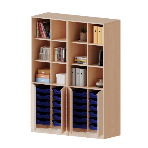 ErgoTray Kombi-Schrank, vierreihig, zweiteilig, 5 Ordnerhöhen - evo180 Serie B/H/T: 140,6x190x50 cm, unten 2 OH Türen und 24 flache ErgoTray Boxen, oben 3 OH Regal, mit Sockel (81 mm), 2 Mittelwände