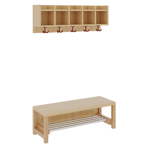 Komplettgarderobe mit einfacher Ablagereihe B/T: 100x35 cm, 5 Plätze, Sitzhöhe: 34 cm, 2teilig ohne Stütze, Ablage zur Wandmontage, mit Schuhrost aus Aluminiumrohren
