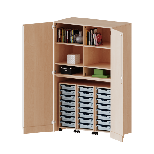 Garagenschrank ohne Sockel, 5 Ordnerhöhen - Serie evo180 B/H/T: 120x190x60 cm, 3 Container mit je 8 flachen ErgoTray Boxen