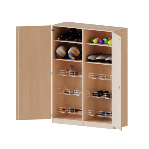 Sportschrank, 5 Ordnerhöhen - Serie evo180 Breite 140,6 cm, Gesamthöhe 190 cm, 6 Ballkörbe, mit Sockel (81 mm) Sportschrank, 5 Ordnerhöhen - Serie evo180 Breite 140,6 cm, Gesamthöhe 190 cm, 6 Ballkörbe, mit Sockel (81 mm)