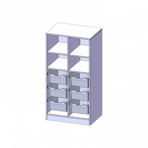 ErgoTray Regal, zweireihig, 3,5 Ordnerhöhen - evo180 Serie B/H/T: 70,3x136x50 cm, mit Sockel (81 mm), oben 4 Fächer, unten 6 hohe ErgoTray Boxen