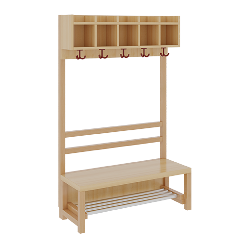 Komplettgarderobe mit einfacher Ablagereihe B/H/T: 100x130x39 cm, 5 Plätze, Sitzhöhe: 26 cm, offene Stütze in Buche-massiv, mit Schuhrost aus Aluminiumrohren