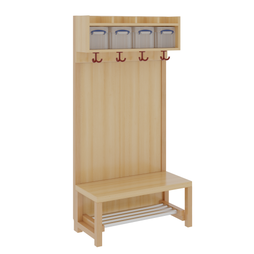 Komplettgarderobe mit einfacher Ablage inklusive Boxen Stütze mit Paneelrückwand in Buche-hell, Aluminiumrost, wahlweise Facheinteilung, T: 39 cm
