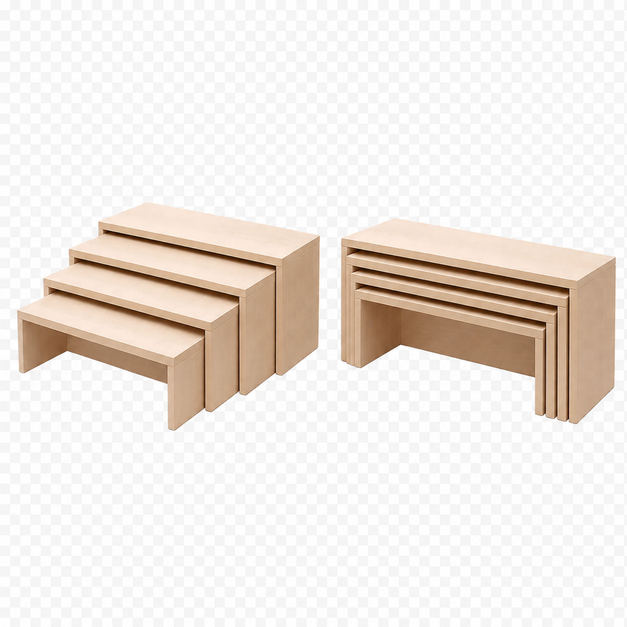 Set aus 4 untereinander schiebbaren Sitzbänken mit stabilen 25-mm-Sitzplatten B/H/T der Bank-Einzelmaße: 105x40x32,5 // 100x35x30,0 // 95x30x27,5 cm // 90x25x25,0 cm