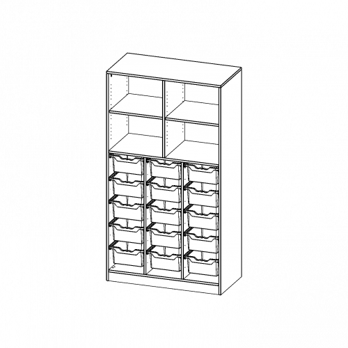 ErgoTray Regal, dreireihig, 5 Ordnerhöhen - evo180 Serie B/H/T: 104,5x190x50 cm, mit Sockel (81 mm), unten 15 hohe ErgoTray Boxen, oben 2 Einlegeböden