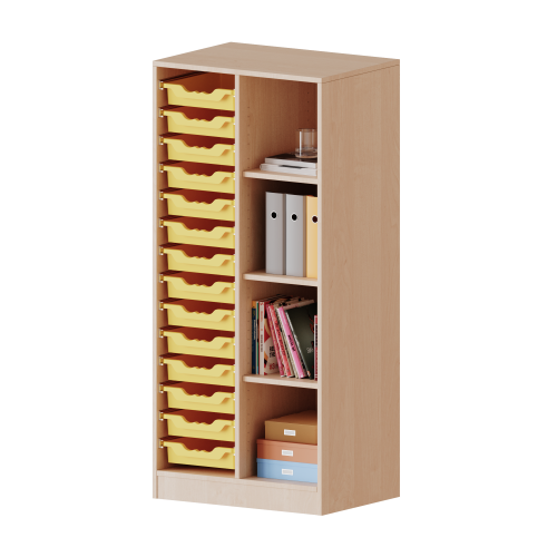 ErgoTray Regal, zweireihig, 4 Ordnerhöhen - evo180 Serie Breite 70,3 cm, Gesamthöhe 154 cm, mit Sockel, rechts 4 Fächer, links 14 flache ErgoTray Boxen ErgoTray Regal, zweireihig, 4 Ordnerhöhen - evo180 Serie Breite 70,3 cm, Gesamthöhe 154 cm, mit Sockel, rechts 4 Fächer, links 14 flache ErgoTray Boxen