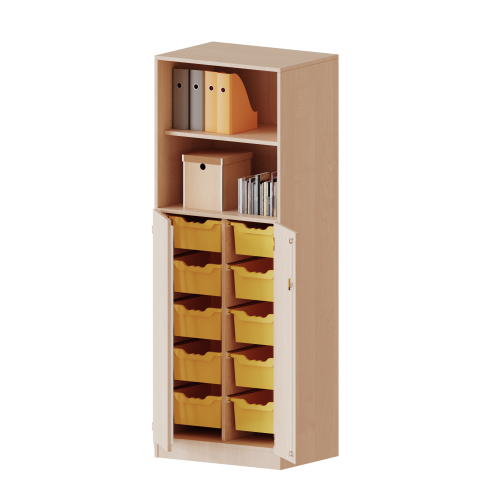ErgoTray Kombi-Schrank, zweireihig, 5 Ordnerhöhen - evo180 Serie B/H/T: 70,3x190x50 cm, 3 OH unten mit Türen und 10 hohen ErgoTray Boxen, oben 2 OH Regal, mit Sockel (81 mm)
