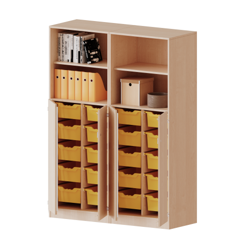 ErgoTray Kombi-Schrank, vierreihig, zweiteilig, 5 Ordnerhöhen - evo180 Serie B/H/T: 140,6x190x50 cm, unten 3 OH Türen und 20 hohe ErgoTray Boxen, oben 2 OH Regal, mit Sockel (81 mm), mit Mittelwand