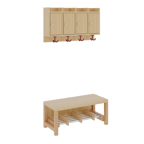 Komplettgarderobe mit Ablagen und Türen B/T: 80x35 cm, 4 Plätze, Sitzhöhe 42 cm, 2teilig ohne Stütze, Ablage zur Wandmontage, Alurohr-Schuhrost mit Trennungen