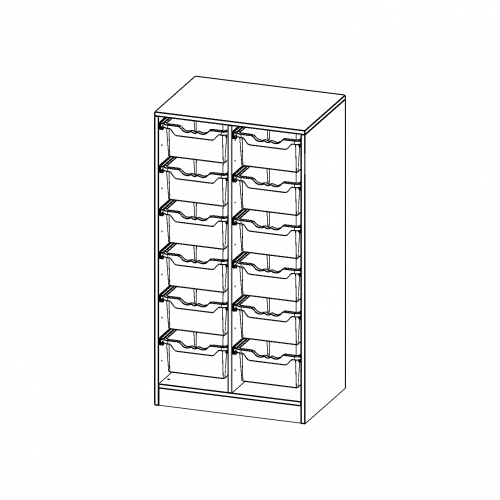 ErgoTray Regal, zweireihig, 3,5 Ordnerhöhen - evo180 Serie B/H/T: 70,3x136x50 cm, mit Sockel (81 mm), 12 hohe ErgoTray Boxen