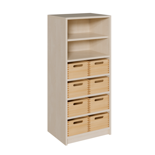 Korpus-Regal mit Materialkästen und Fächern B/H/T: 52x120x40 cm mit 8 Massivholz-Kästen (ohne Sichtfenster), oben Regal mit 2 Fächern