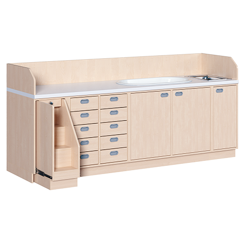 Wickelkommode, dreireihig zuzüglich Badewanne und Waschbecken B/H: 249x113 cm, Ausziehbarer Aufstieg, 10 Schübe und Badewanne, Waschbecken
