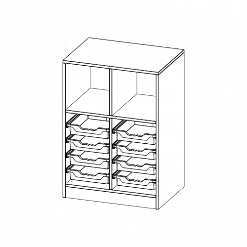 ErgoTray Regal, zweireihig, 2,5 Ordnerhöhen - evo180 Serie B/H/T: 70,3x100x50 cm, mit Sockel (81 mm), oben 3 Fächer, unten 8 flache ErgoTray Boxen