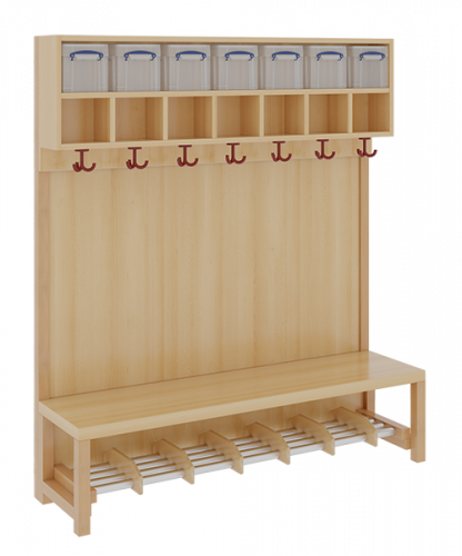 Komplettgarderobe mit doppelter Ablagereihe inklusive Boxen B/H/T: 140x158x39 cm, 7 Plätze, Sitzhöhe 34 cm, Stütze mit Paneelrückwand, Alurohr-Schuhrost mit Trennungen