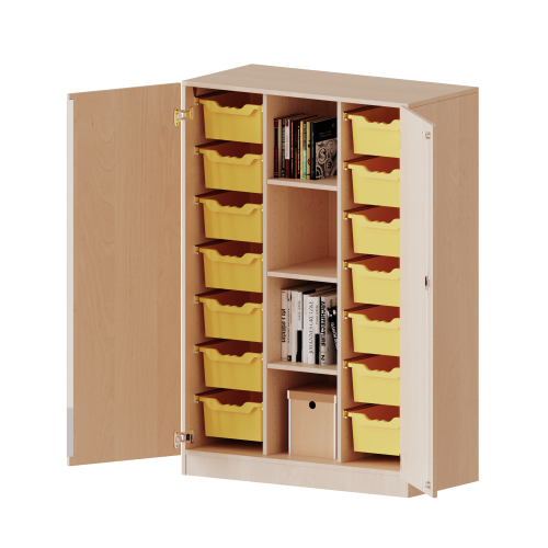 ErgoTray Schrank, dreireihig, 4 Ordnerhöhen - evo180 Serie B/H/T: 104,5x154x50 cm, zweitürig, mit Sockel (81 mm), mit 14 hohen ErgoTray Boxen