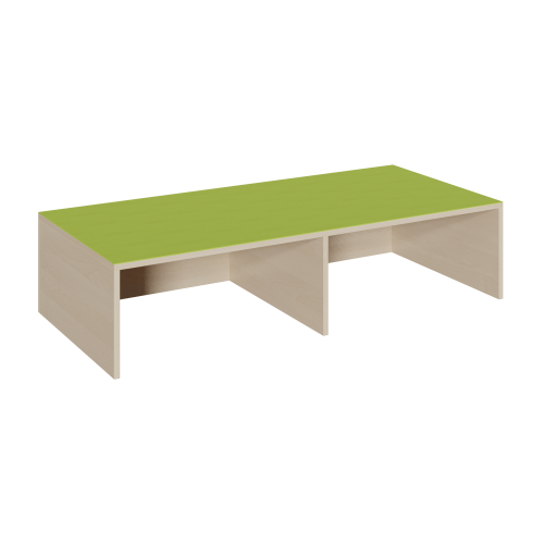 Rechteck-Podest mit offener Längsseite, Linoleum-Deckplatte B/T: 150x70 cm, Höhe wählbar, mit Nische und Mittelwand für 2 Rollkästen
