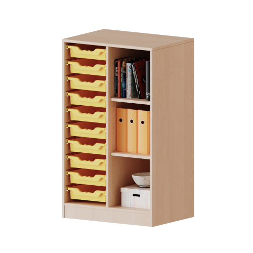 ErgoTray Regal, zweireihig, 3 Ordnerhöhen - evo180 Serie Breite 70,3 cm, Gesamthöhe 118 cm, mit Sockel, rechts 3 Fächer, links 10 flache ErgoTray Boxen ErgoTray Regal, zweireihig, 3 Ordnerhöhen - evo180 Serie Breite 70,3 cm, Gesamthöhe 118 cm, mit Sockel, rechts 3 Fächer, links 10 flache ErgoTray Boxen