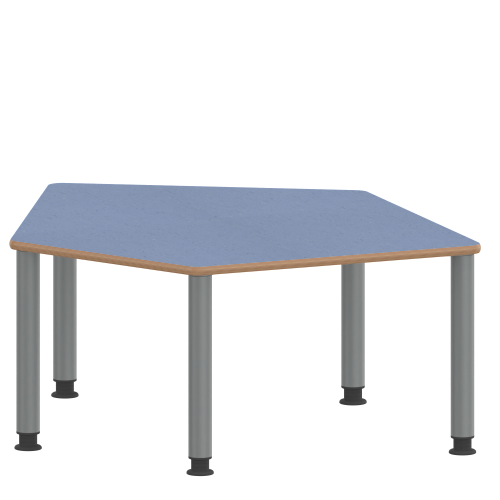 Tisch ZALOTTI mit Linoleum-Belag Fünfecktisch-klein, Stellfläche B/T: 121x110 cm, Höhen 41…76 cm, Stahlrohrbeine Ø 60 mm, Fußvariante: höhenverstellbar