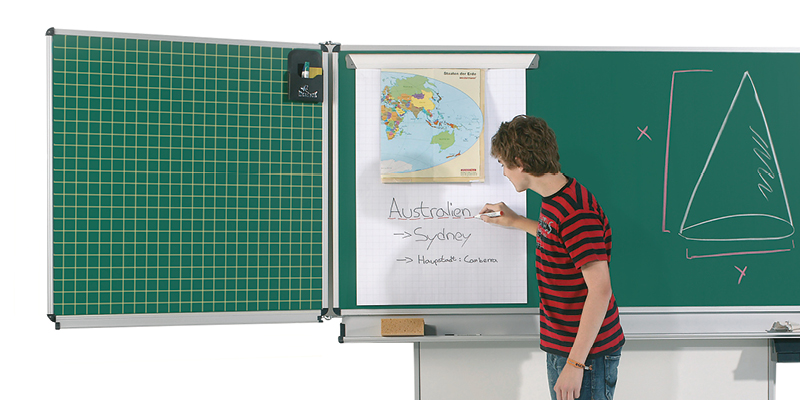 Schüler an einer grünen Schultafel mit Klappflügeln und integrierter Kartenaufhängung