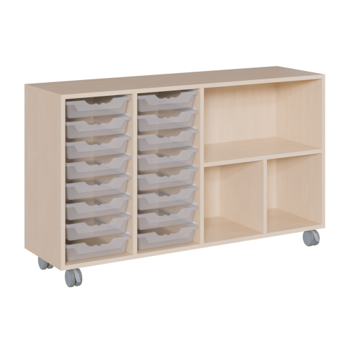 fahrbares Regal in Korpusbauweise B/T: 139x40 cm, 3 verschiedene Höhen, in 4 Reihen unterschiedlich hohe ErgoTray-Boxen und Fächer
