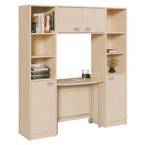 Erzieherarbeitsplatz in Korpusbauweise B/H/T: 162x180x40/50 cm, rechts und links Regal mit Tür, oben 2 Türen