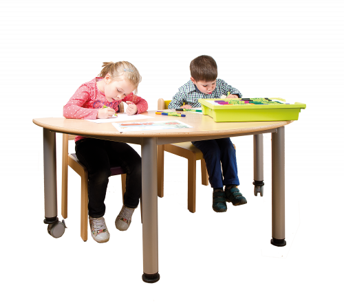 Fahrbarer halbrunder Tisch, Platte mit Schichtstoff verschiedene Größen in wählbarer Höhe, Stahlrohr-Füße Ø 60