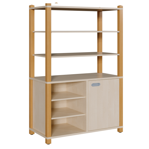 Stollen-Schrank mit einseitiger Tür und 3 offenen Fächern, hoher offener Regalaufsatz T: 40 cm, Tür und offene Fächer, links oder rechts, 2 Schrankbreiten, sehr hoher Regalaufsatz